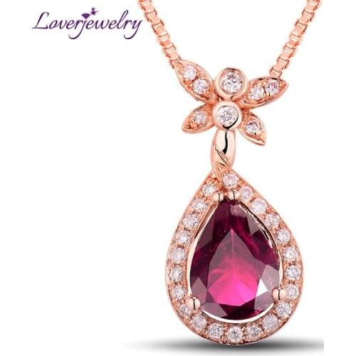 LOVERJEWELRY 100% Genuine Diamonds Pear Pink Tourmaline Gemstone Pendant 18Kt Rose Gold For Women Valentine Christmas Gift