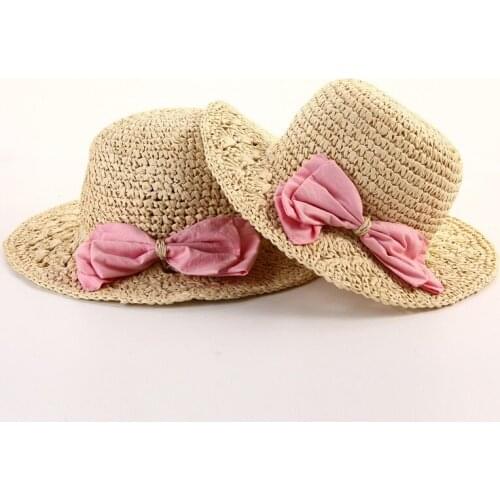 Parent-Child Summer Mother Daughter Sunhat Cute Pure Color Bowknot Fiber Paper Babys Headwear Beach Cap For Girl Kids Straw Hats