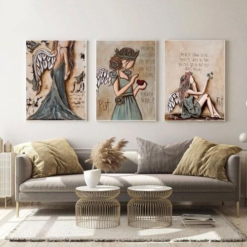 Vintage Dark Yellow Angel Wing Girl Posters Canvas Painting Wall Art Figure Picture Prints For Living Room Interior Home Decor