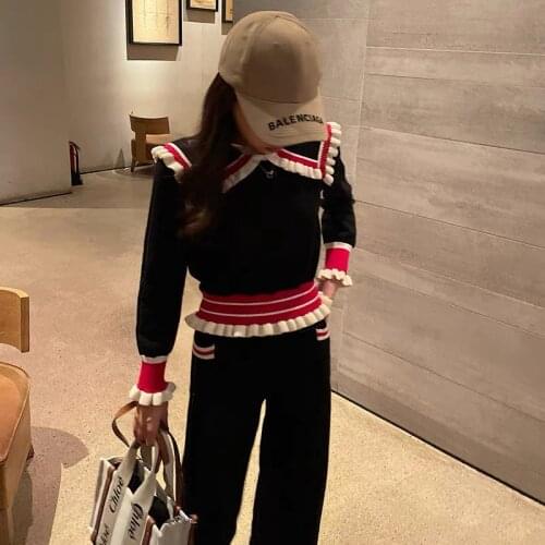 Vintage Knitted Two Piece Set Women Ruffles Sweater + Elastic Waist Long Trousers Set Knitwear Red Striped Tracksuit Loose C922
