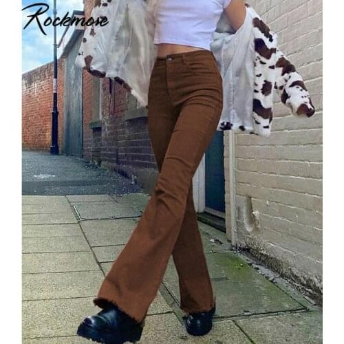 Rockmore Brown Denim Pants High Waist Pockets Cargo Pants Skinny Flare Ripped Jeans Y2K Women 90S Streetwear Trousers Autumn