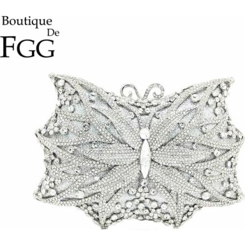 Bouotique De FGG Hollow Out Silver Butterfly Clutch Women Crystal Evening Bags Diamond Handbags Purses Wedding Bridal Party Bag