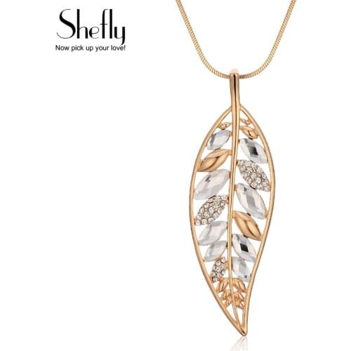 Women Long Necklaces & Pendants Vintage Silver Plated Chain Crystal Opal Leaf Maxi Necklace Fashion Jewelry For Women Collier