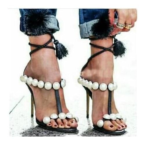 2017 Summer Women Fashion Pearl Black Tassel Fringed Open Toe 100 mm Heel Lace Up High Heel Party Dress Sandals Shoes Lady