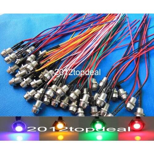 50pcs 5mm 12V colorful pre-wired LED Metal Indicator Pilot Dash Light Lamp Wire Leads