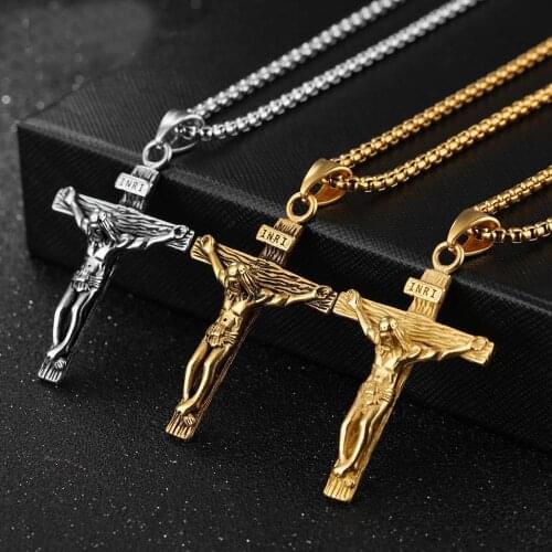 INRI Crucifix Jesus Piece Stainless Steel Pendant & Necklace for Men Catholic Religious Cross Gold Hip-hop Jewelry Gifts
