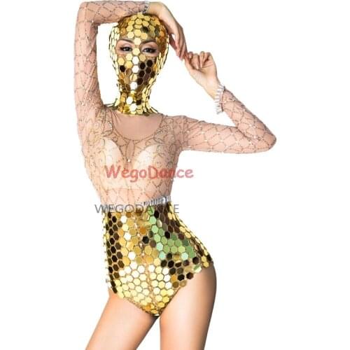 Gold Mirror Silver Rhinestone Transparent Bodysuit Headdress Women Dancer Prom Wear Birthday Celebrate Outfit