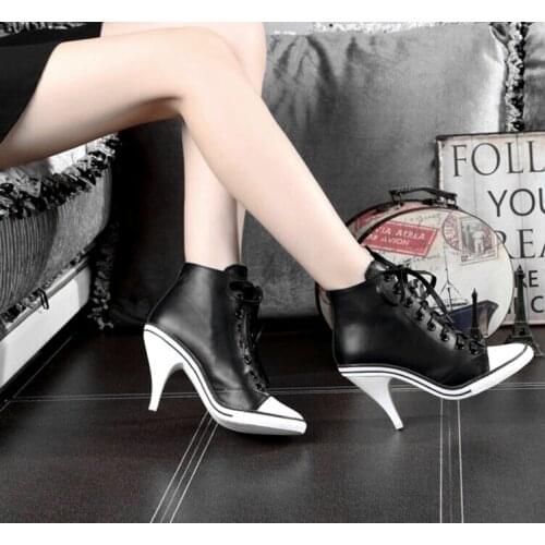 2019 New Genuine Leather Womens Shoes High Heels 6-8cm Female Spring Autumn Cross-tied Boots Ladys Boots Martin Boots