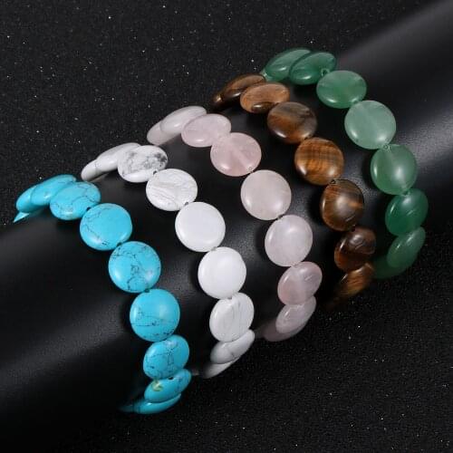 Women Natural Stone Oblate Indian Onyx Beads Bracelet Tiger Eye Crystal Green Tanglin Turquoises Flat Round Bangle Jewelry Gifts