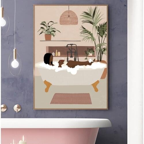 Black Girl Showering Prints Earth Tone Poster Boho Style Fashion African Woman Canvas Painting Wall Art Pictures Bathroom Decor