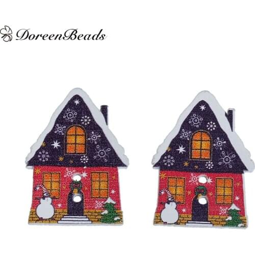 DoreenBeads Wood Buttons 2 Holes Christmas House Shape Snowman & Christmas Tree Painted Sewing DIY Buttons 3.2cm x2.4cm 30 PCs