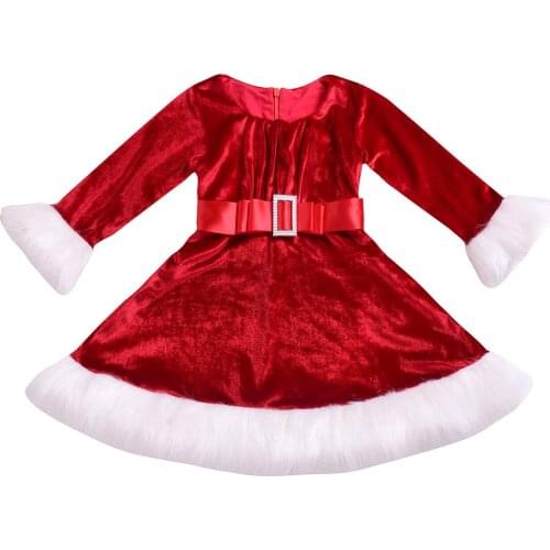 Children Kids Girls Flannel Christmas Dresses Flare Sleeve O Neck Bow Slash Winter Warm Dresses 6M-5Y