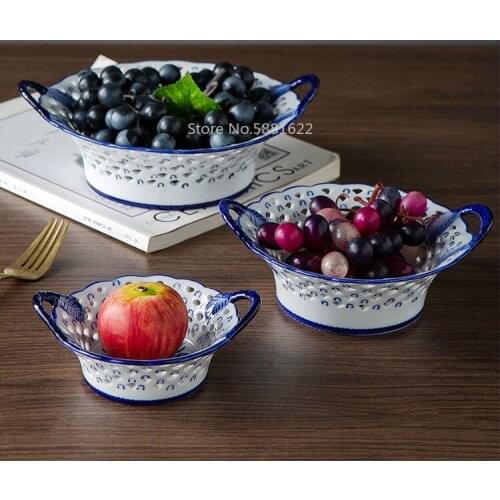 Home Ceramic Bowl Blue and White Porcelain Bowl Openwork Ceramic Plate Tea Table Vegetable Fruit Basket Kitchen Storage Supplies