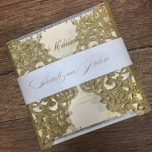 Elegant glitter invitation card with printing belly band hot sell wedding favor invitations laser cut for wedding decoration