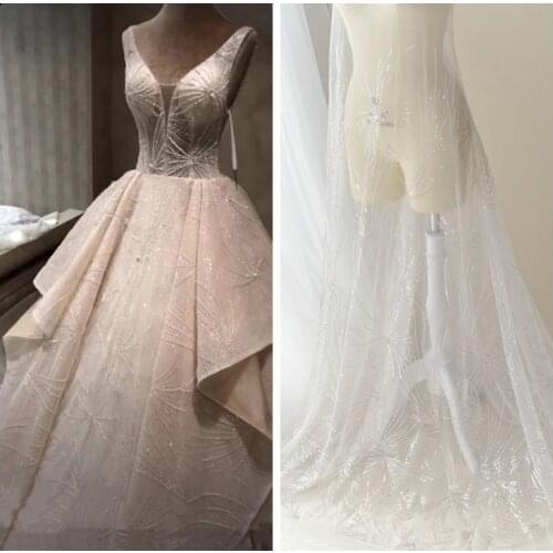 Elegant Beaded Sequins Embroidered Wedding Dress Lace Fabric Evening Dress Handmade DIY Accessories Width 130cm 1meter