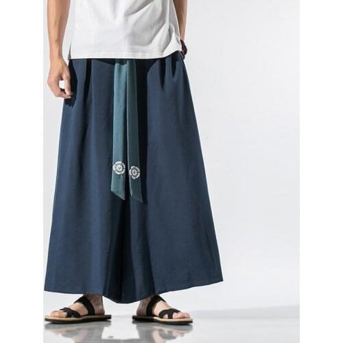 Chinese Style Detachable Plus Size Culottes Loose Casual Trousers MenS Clothing Cotton Linen Wide Pants Harajuku Male 30126