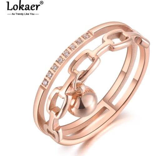 Lokaer Stainless Steel Geometric Chain & Ball Ring Trendy Mosaic CZ Crystal Rose Gold Anniversary Rings Jewelry For Women R19092