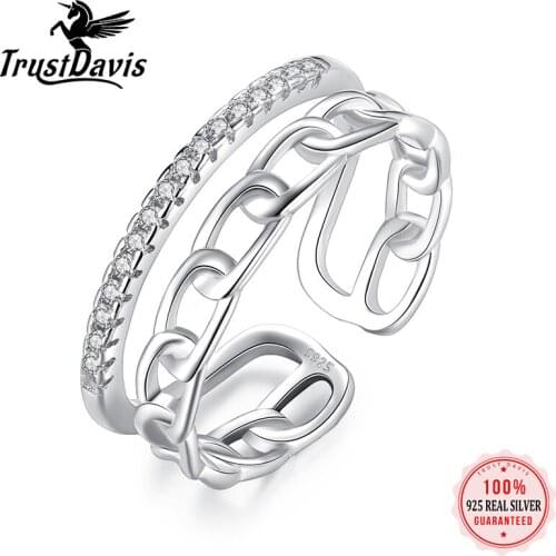 TrustDavis Real 925 Sterling Silver Mutil-Layer Chian Zircon Adjustable Ring Women Light Luxury Wedding Party Jewelry Gift L229