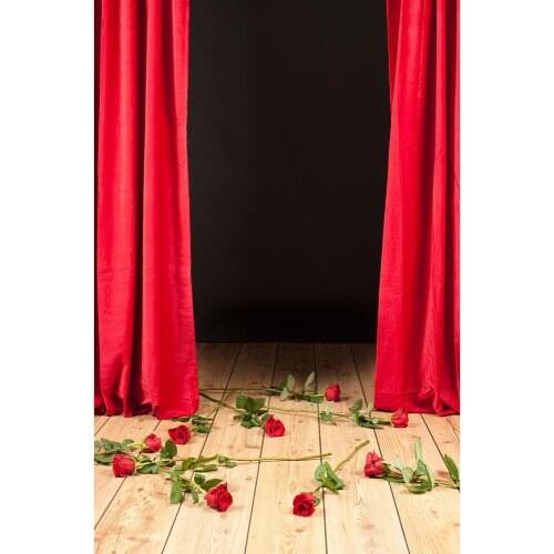Red Curtain Flowers Wooden Floor Photo Background Vinyl Backdrop for Birthday Party Valentines Day Photocall Photography Props