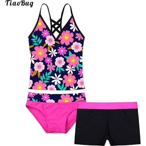 TiaoBug Summer 3Pcs Kids Girls Tankini Floral Printed Swimsuit Swimwear Bathing Suit Set Tops With Bottoms Shorts Sets Bikini
