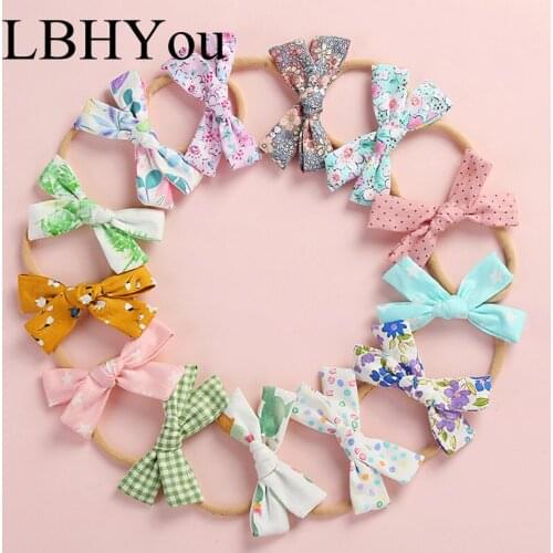13pcs/lot Summer Flowers Prints Bows Nylon Hairbands Baby Girls Head Wear Fabric Cotton Plaid Cotton Stretchy Nylon Headbands