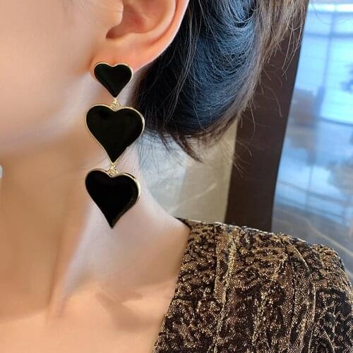 Trendy Long Heart Pendant Earrings for Women Black Big Exaggerated Statement Tassel Earrings Vintage 2021 Fashion Jewelry