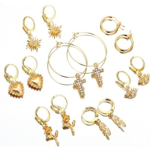 New Fashion Crystal Earrings Set Cross Cross Rose Flower Sun Ear Ring Suit Gold Round Earrings Trend Street Shooting Earring Set
