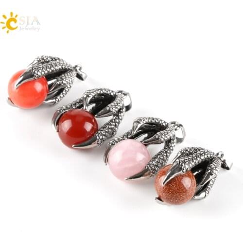 CSJA Natural Round Gem Stone Beads Dragon Claw Wrap Pendants for Necklace Reiki Ball Gothic Men Retro Crystal Women Jewelry E453