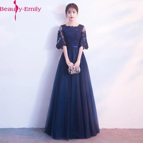 2020 New Arrival Charming O Neck Half Sleeve Evening Dress Long Appliques Lace Zipper Back Formal Dress 4 Colors Available