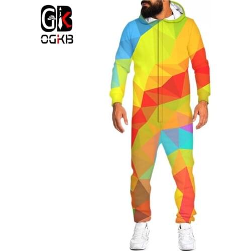OGKB 3D Color Rhombus Printed Geometric Loungewear Pajamas Unisex Loose Women Hooded Zipper Open Sleepwear Onesies Jumpsuits