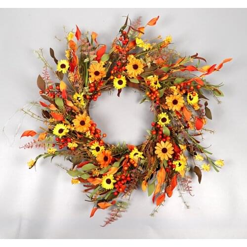 Fall Artificial Floral Daisy, Red Berries Wreath 65cm Indoor Outdoor Decor Thanksgiving Day