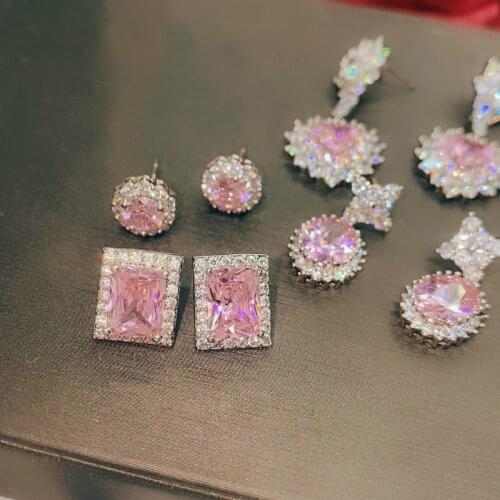 Premium luxury pink rhinestone earrings with crystal hanging earrings sparkling for womens elegant wedding banquet jewelry