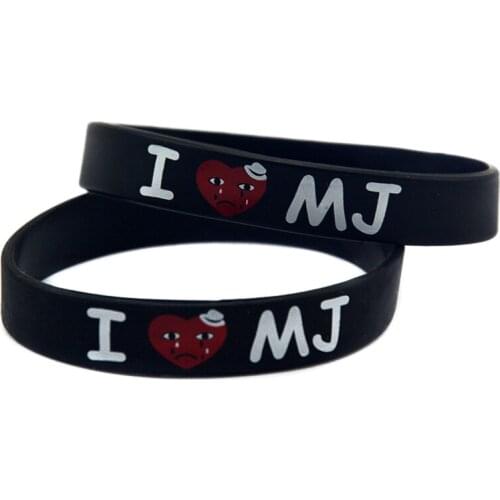 1PC I Love MJ Michael Jackson Silicone Wristband 1/2 Inch Wide Printed Logo Black Adult Size