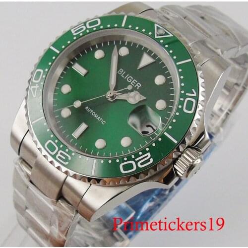 40mm bliger luminous hands auto date sapphire glass green dial NH35 MIYOTA 8215 automatic movement bracelet clasp