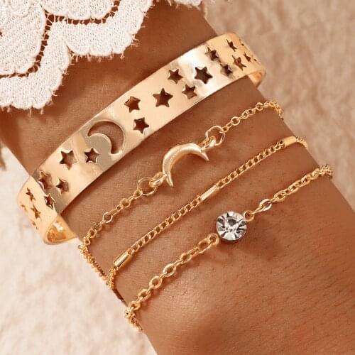 Tocona 4cs/sets Bohemian Moon Star Bracelets for Women Charms Gold Alloy Metal Hollow Geometry Open Bangle Jewelry 15425