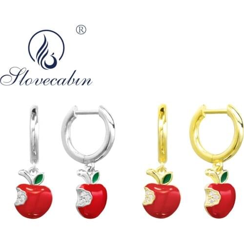 Slovecabin 925 Sterling Silver Green Zircon Leaf Dangle Red Apple Drop Earrings For Women Gift Cute Plant Pendant Arete Jewelry