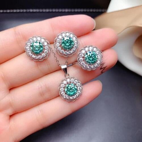 1ct green moissanite Round 6.5mm size gem ring stud earrings and necklace 925 silver platinum plated womens bubble Necklace