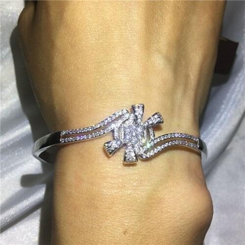 Handmade Flower Bangle 5A cubic zirconia stone Baguette bracelet White Gold Filled Bangles for women wedding accessaries Gift