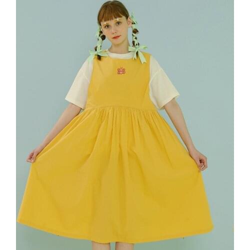 Summer Hollow Back Lace Up Women Sundress New Cartoon Embroidered Sleeveless Dress Cotton Mid-calf Length Ladies Yellow