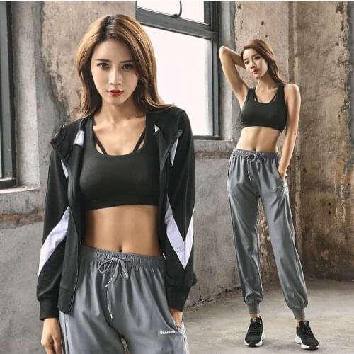 4Piece Womens Sports Suit Yoga Set Zipper Jacket + Slimming T Shirt + Bra +running Jogger Pants TrackSuit Gym Fitness Clothing