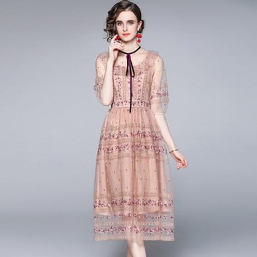 Summer Elegant Embroidery Women Dress High Quality See Through Party Robe Femme Vintage Runway Designer Dresses Vestidos