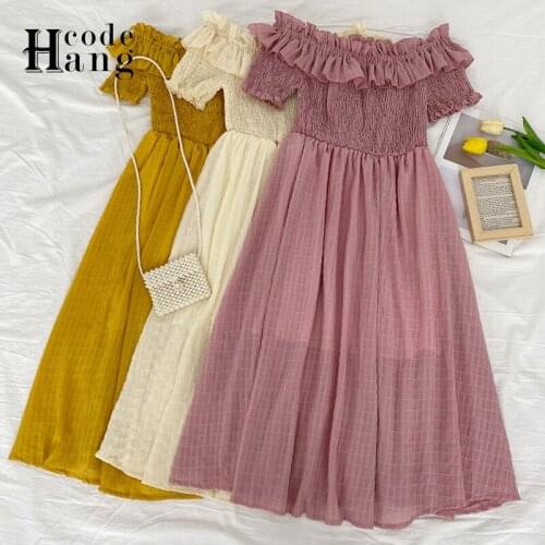 HangCode Korean Fashion Ruffles Design Off Shoulder Women Summer Dress Casual Two Layers Ruched High Waist Midi Chiffon Dress