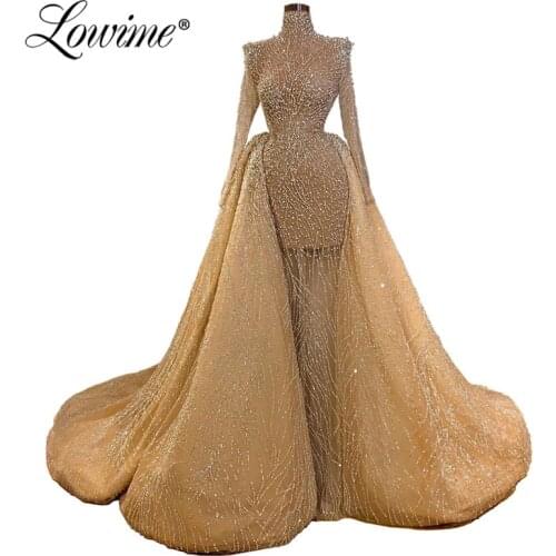 Luxury Champagne Evening Dress Robe Dubai Soiree Arabic Dresses Woman Party Night 2020 Pageant Long Party Dress Celebrity Muslim