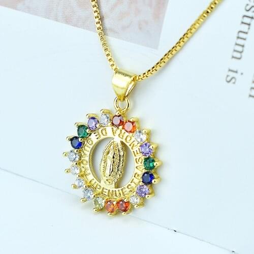Gold Color Holy Virgin Mary Necklaces Women AAA Zirconia Pave Heart Round Pendants Prayer God Necklaces Religion Jewelry