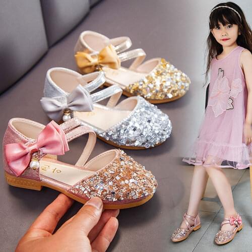 2021 Children Sandals Girl High Heels Princess Shoes For Girls Glitter Bowtie High Heel Sandals Dress Party Shoe Size 21-36 pink