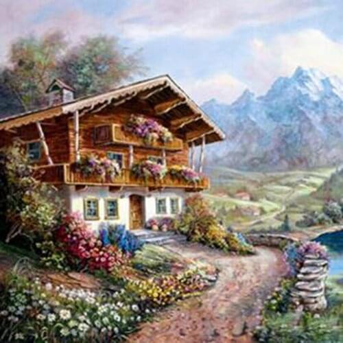 5D DIY Diamond Painting Landscape Painting Lakeside Wooden House Scenery Picture Square/Round Diamond Cross Stitch Decor TX247