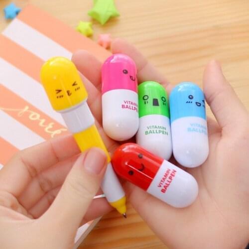 6 pcs/Lot Smiling Face Pill Ballpoint Pen Kawaii Novelty Stationery Telescopic Vitamin Capsule Ball Pens Student Learni