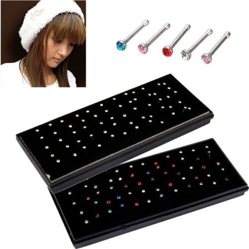 60Pcs/lot Stainless Steel Nose Studs Ear Piercing Earring Cute Crystal Rhinestone Body Jewelry Nose Nail Ring Wedding Jewelry