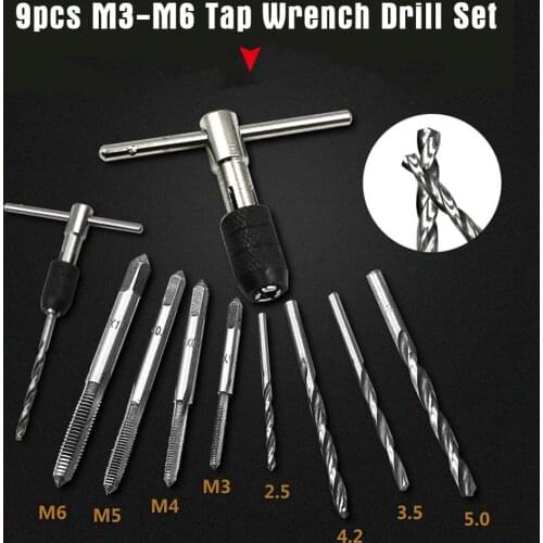 9pcs M3-M6 High Speed Steel Tap Wrench Drill Set Hand Tapping Tools Metric Screw Thread Twist Drill Bit Wrench Set Craft Tap