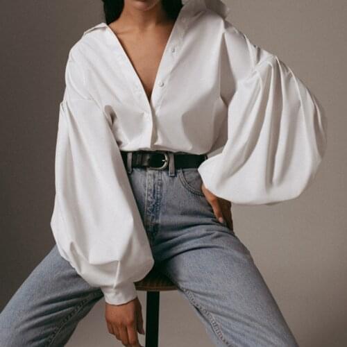 Vintage Stand Collar Lantern Sleeve White Black Shirts Blouses Women Spring Summer Thin Sexy Button Office Blouses Female